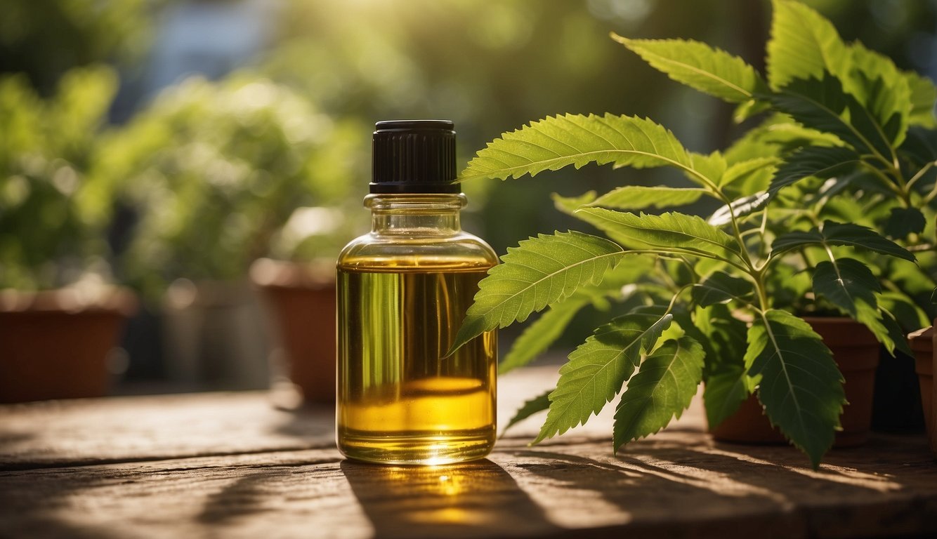 Lush neem oil plants thrive in a sunlit garden, surrounded by a variety of home use containers and bottles