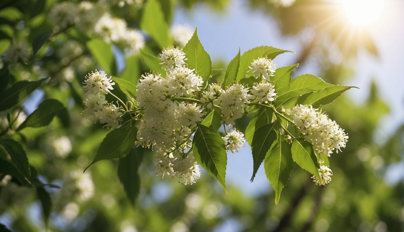 Lush neem trees sway in the gentle breeze, their vibrant green leaves glistening in the sunlight. Clusters of small, delicate white flowers bloom, emitting a sweet, earthy fragrance. Bees and butterflies flit from flower to flower,