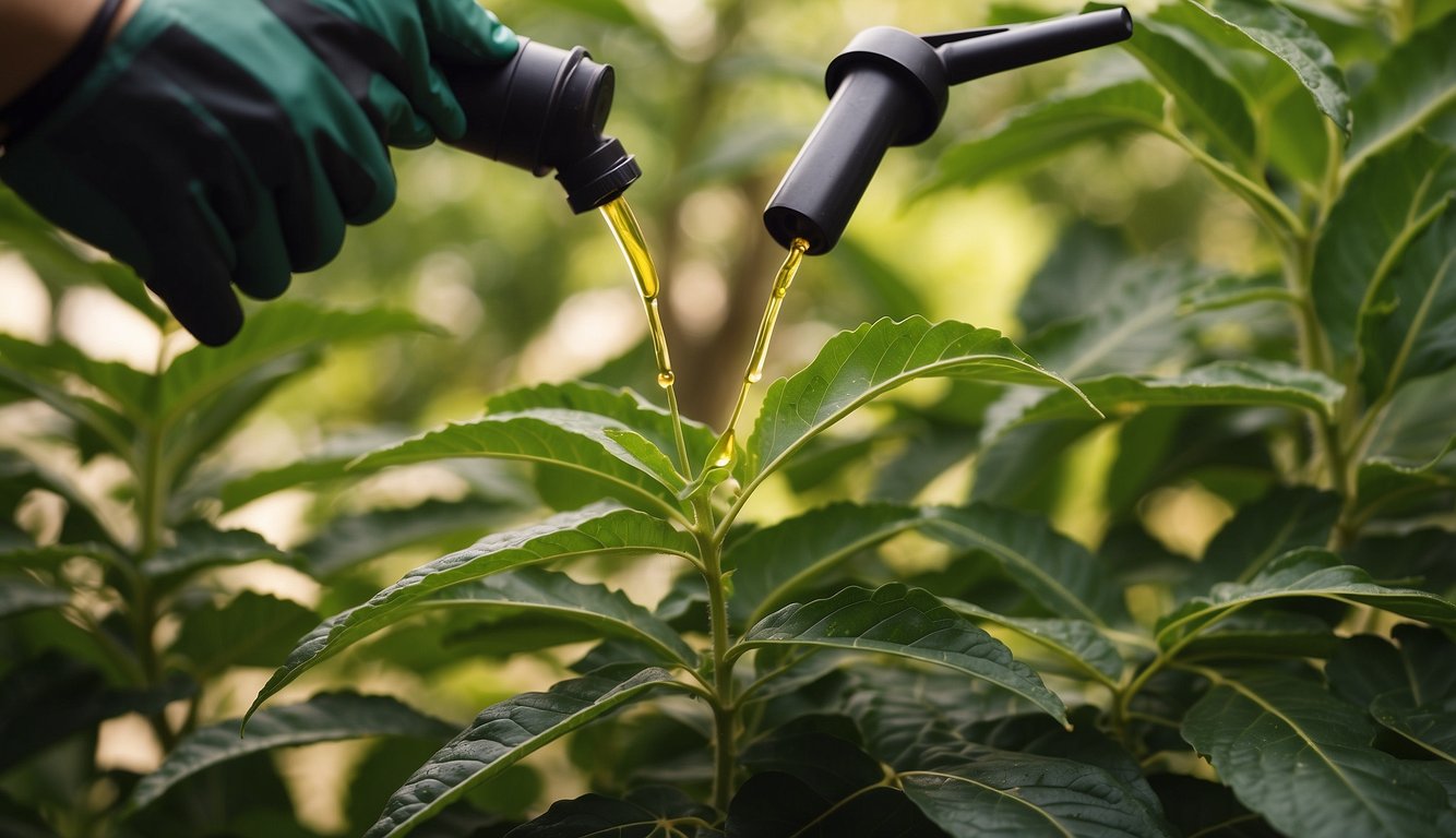 Neem oil being applied to various plants with a sprayer, surrounded by labeled FAQs