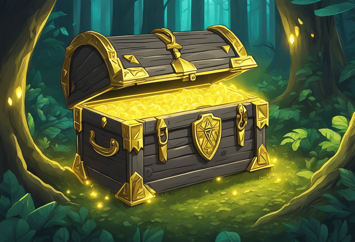 A treasure chest surrounded by glowing Triforce symbols, nestled in a lush forest clearing