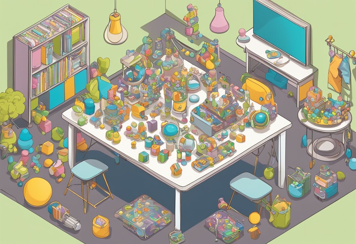 A colorful brainstorming session with a variety of baby-related objects and symbols, such as rattles, pacifiers, and baby blocks, scattered around a table