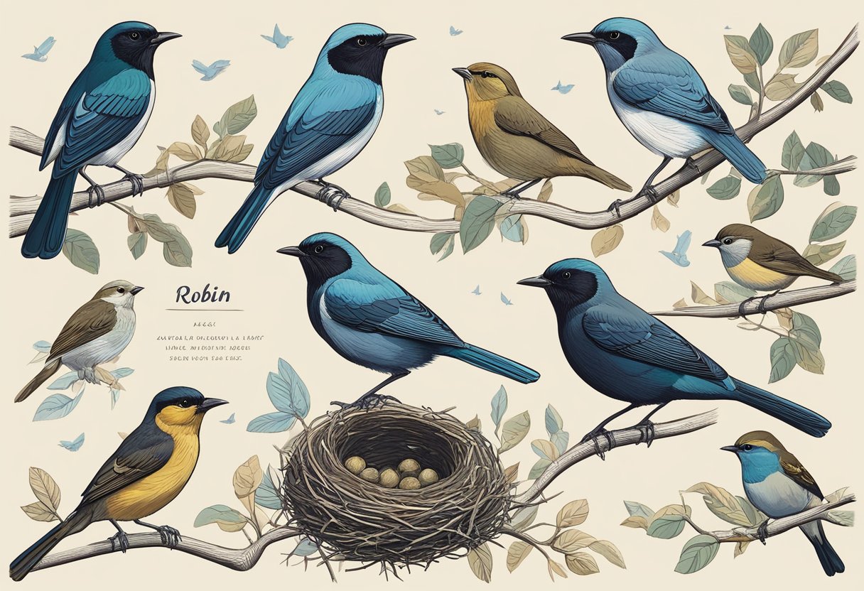 Colorful birds perched on branches, surrounded by nests with names like Robin, Wren, and Lark