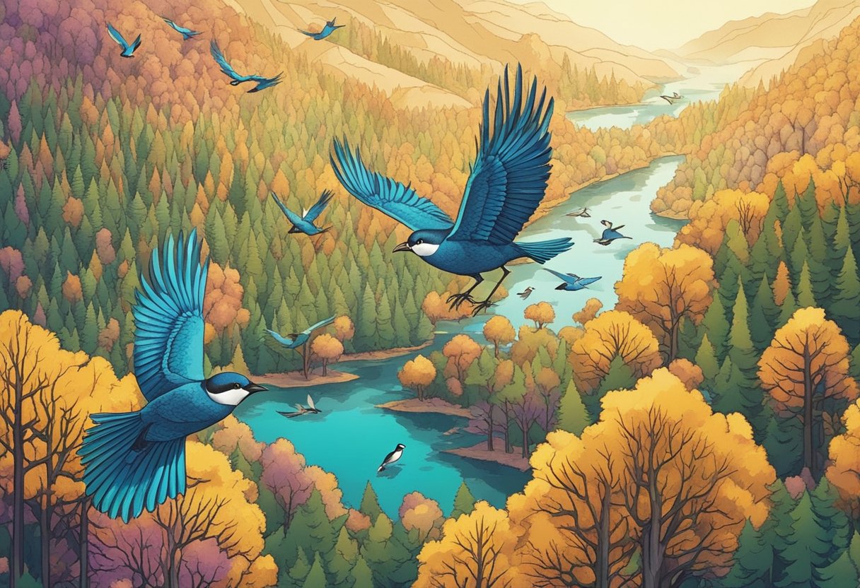 Birds flying above a forest, with nests nestled in the trees and colorful feathers scattered on the ground