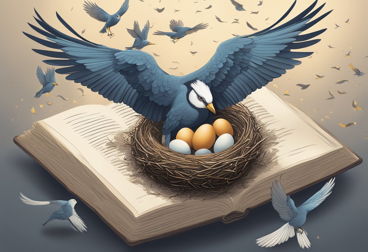 Birds flying over a nest with eggs, surrounded by branches and feathers. A book with bird illustrations is open nearby