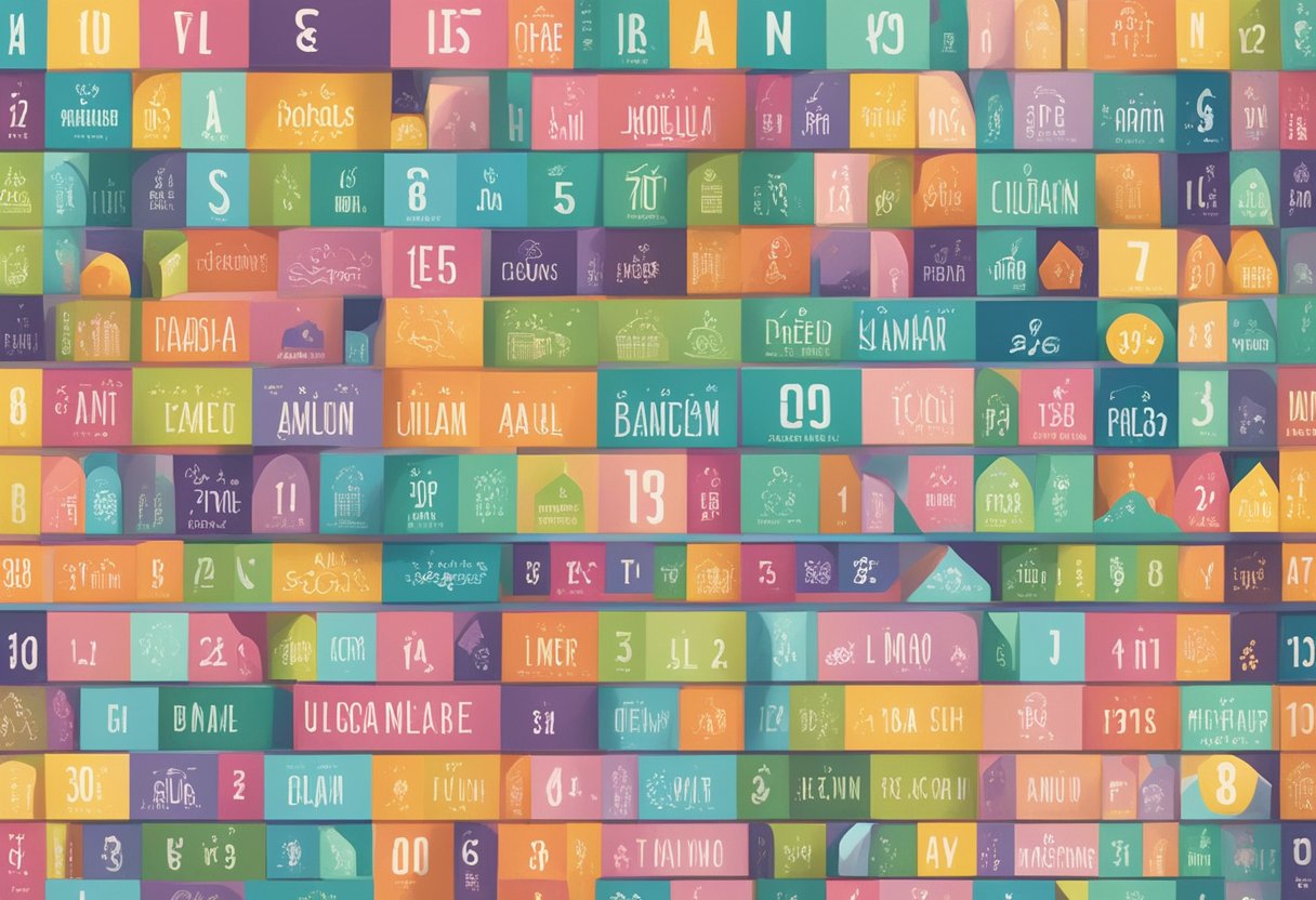 Babies' names arranged in columns by month, with colorful and playful fonts