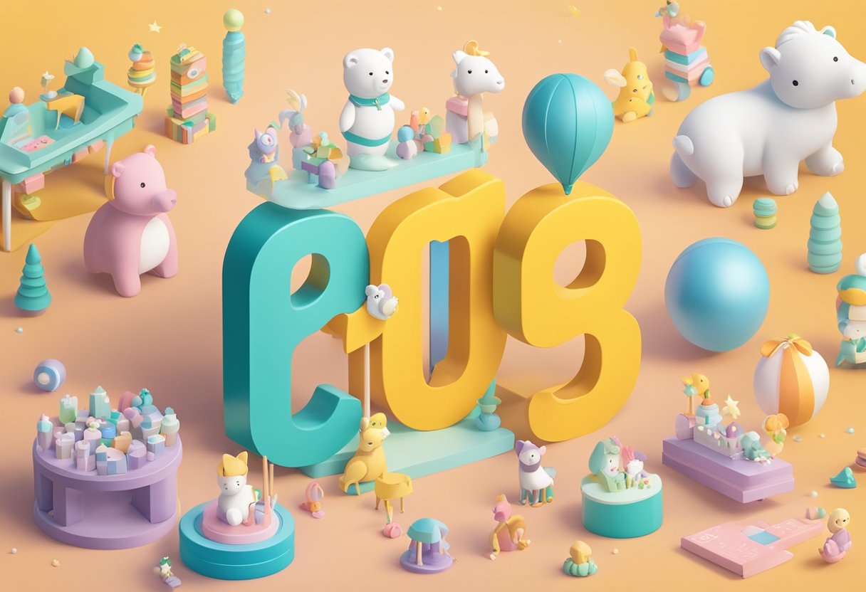 A calendar with colorful monthly baby names displayed in a playful font, surrounded by baby-themed illustrations and toys