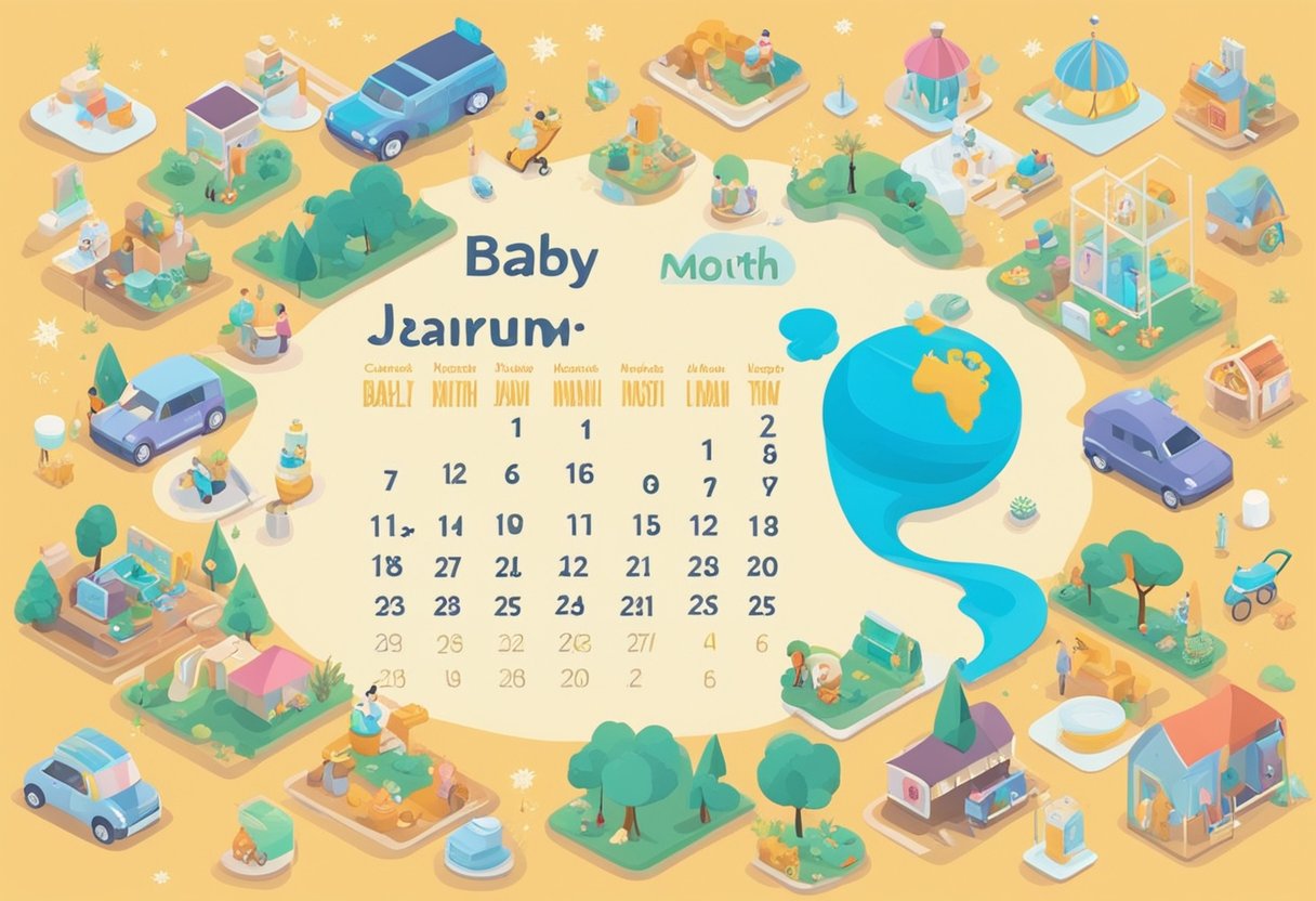 A calendar with baby names listed by month, surrounded by colorful illustrations of baby items and symbols