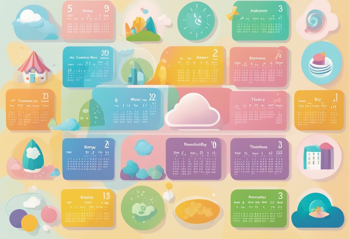 A colorful calendar with baby names listed by month, surrounded by thought bubbles and creative symbols