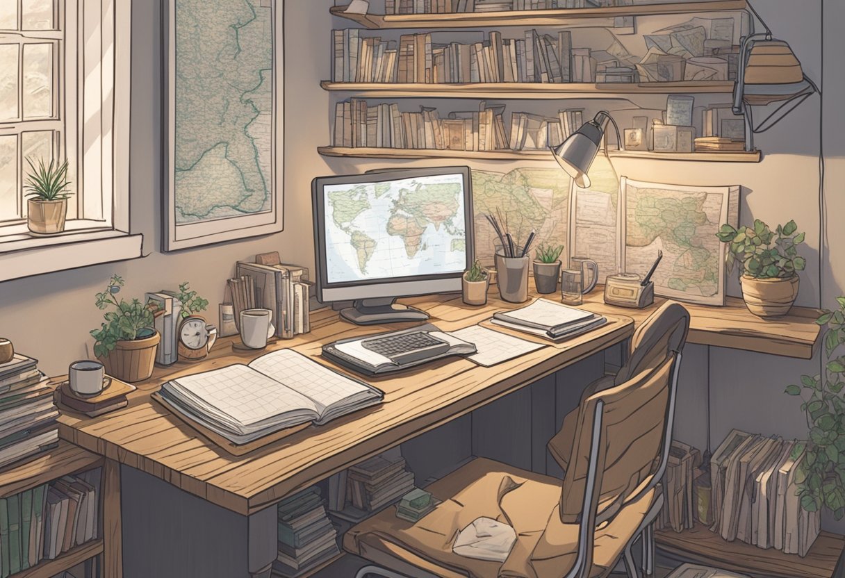 A cozy study with a desk covered in baby name books and a map of Ireland on the wall. A mug of tea sits next to a notepad filled with scribbled ideas