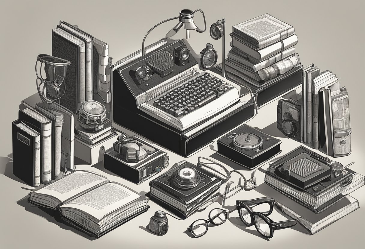 A collection of quirky objects, like vintage books, glasses, and computer parts, arranged in a playful and nerdy manner