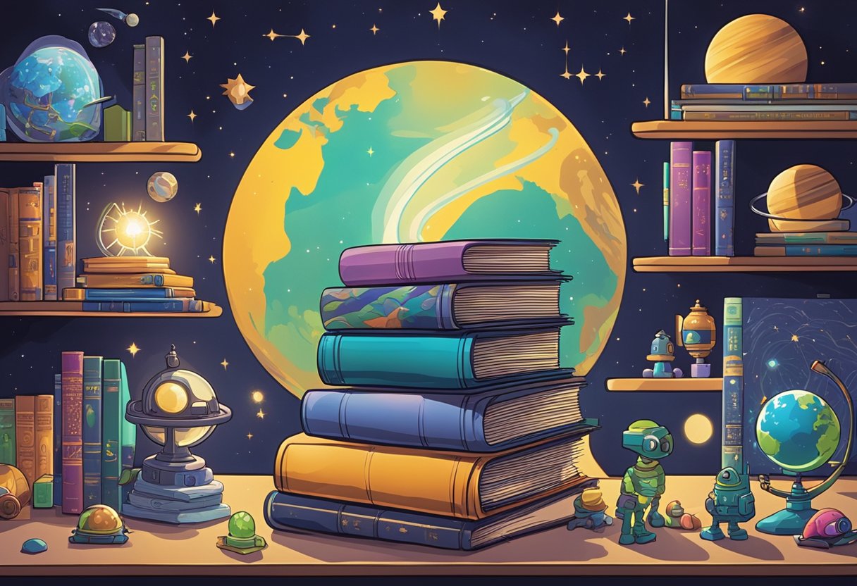 A stack of books with titles like "Galactic Adventures" and "Wizard's World" sit on a shelf, surrounded by science-themed toys and colorful posters
