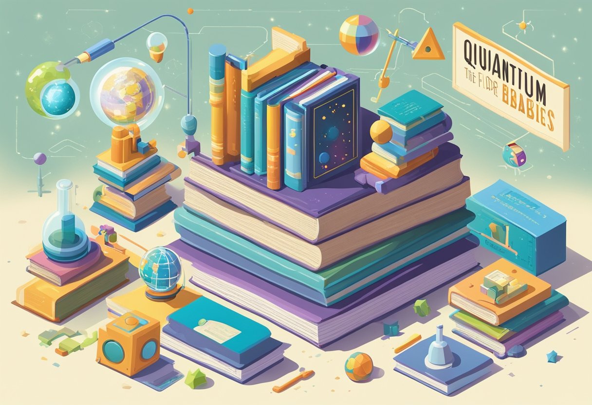 A stack of books with titles like "Quantum Physics for Babies" and "The Little Scientist" surrounded by colorful science-themed toys and gadgets
