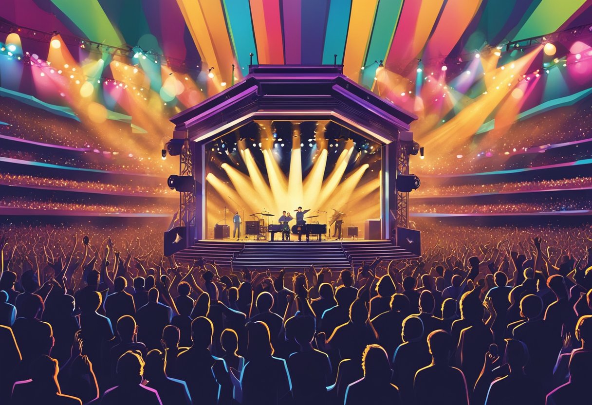 Colorful concert stage with vibrant lights, guitars, and microphones. Crowd cheering with excitement, creating a lively atmosphere