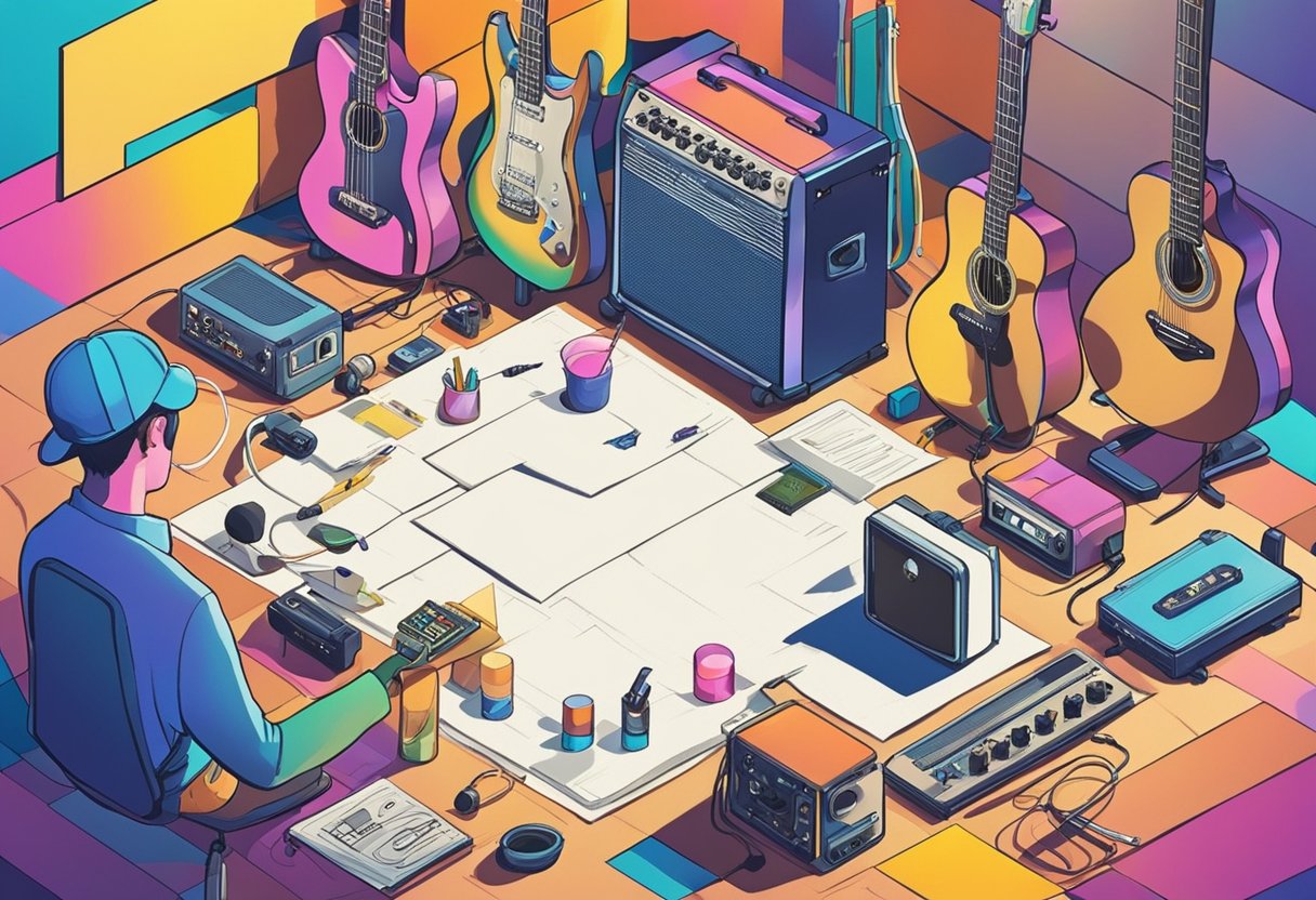 A colorful brainstorming session with a variety of rockstar-related objects and imagery, such as guitars, microphones, and stage lights, surrounding a blank sheet of paper