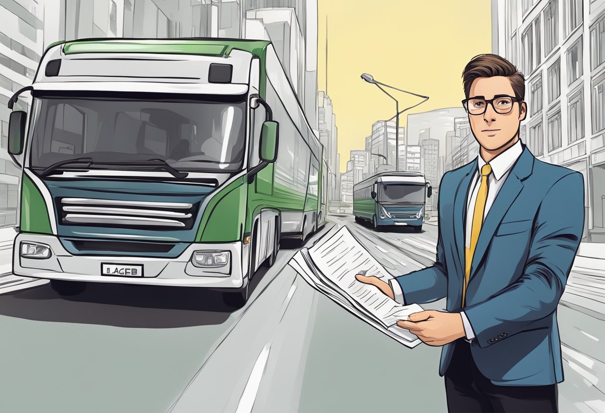 A lawyer standing in front of a truck and a bus, representing the rights of drivers in traffic. The lawyer is holding a legal document and gesturing confidently