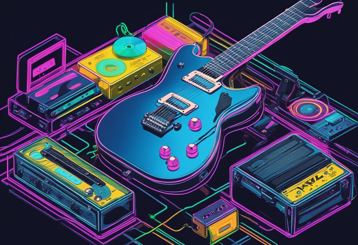 An electric guitar surrounded by neon lights, vinyl records, and cassette tapes with names like Axel, Axl, and Slash written on them
