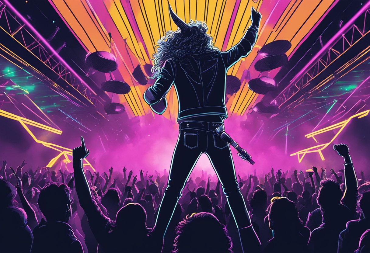 A neon-lit stage with a crowd of fans throwing up devil horns, while a band rocks out in leather and big hair