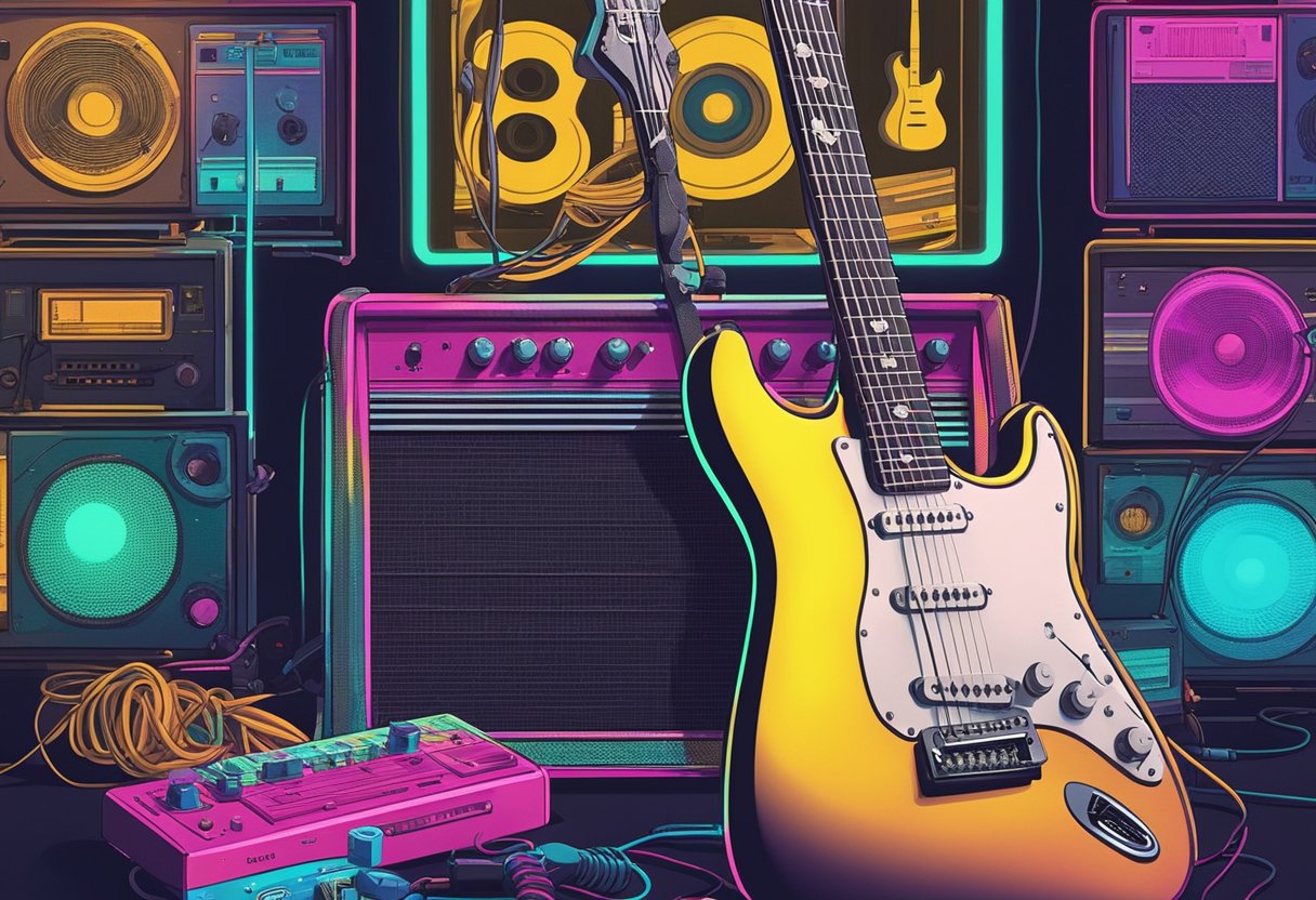 An electric guitar surrounded by neon lights and cassette tapes, with a bold "Good Names 80s rock baby names" banner in the background