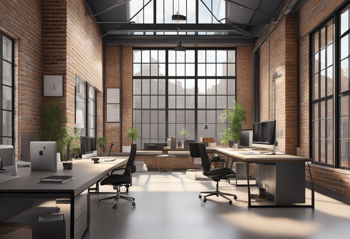 A spacious office with exposed brick walls, metal beams, and large windows. Sleek, modern furniture and minimalistic decor complete the industrial chic aesthetic