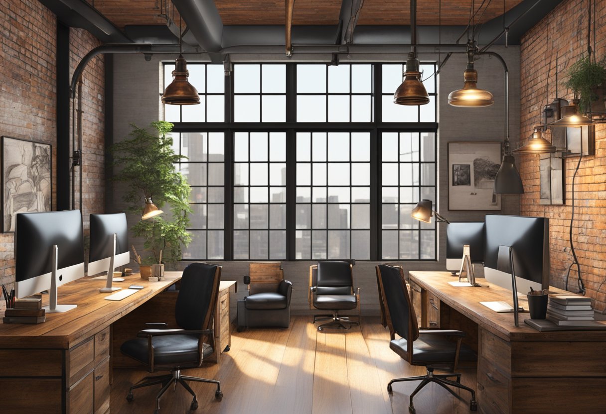 An industrial chic office with exposed brick walls, metal piping, and hanging Edison bulb light fixtures. A reclaimed wood desk and vintage leather chairs complete the look