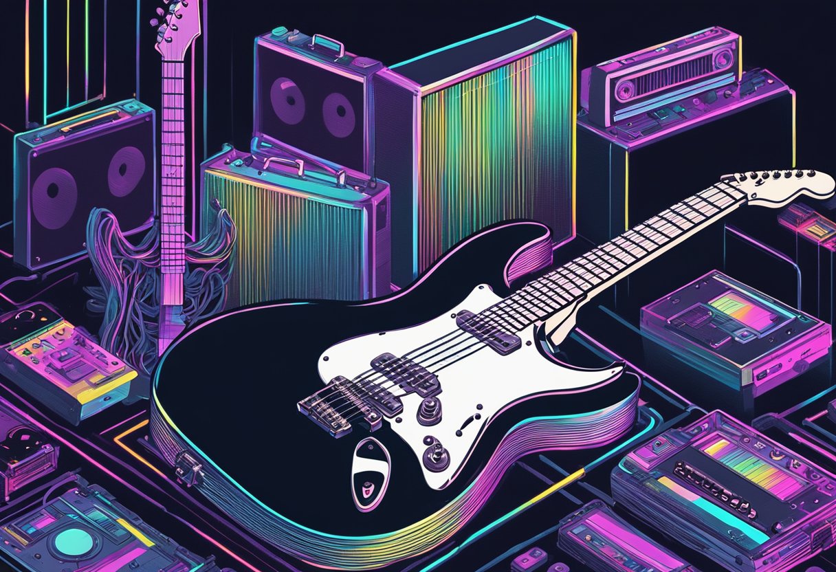 An electric guitar surrounded by neon lights and cassette tapes, evoking the vibrant energy of 80s rock music