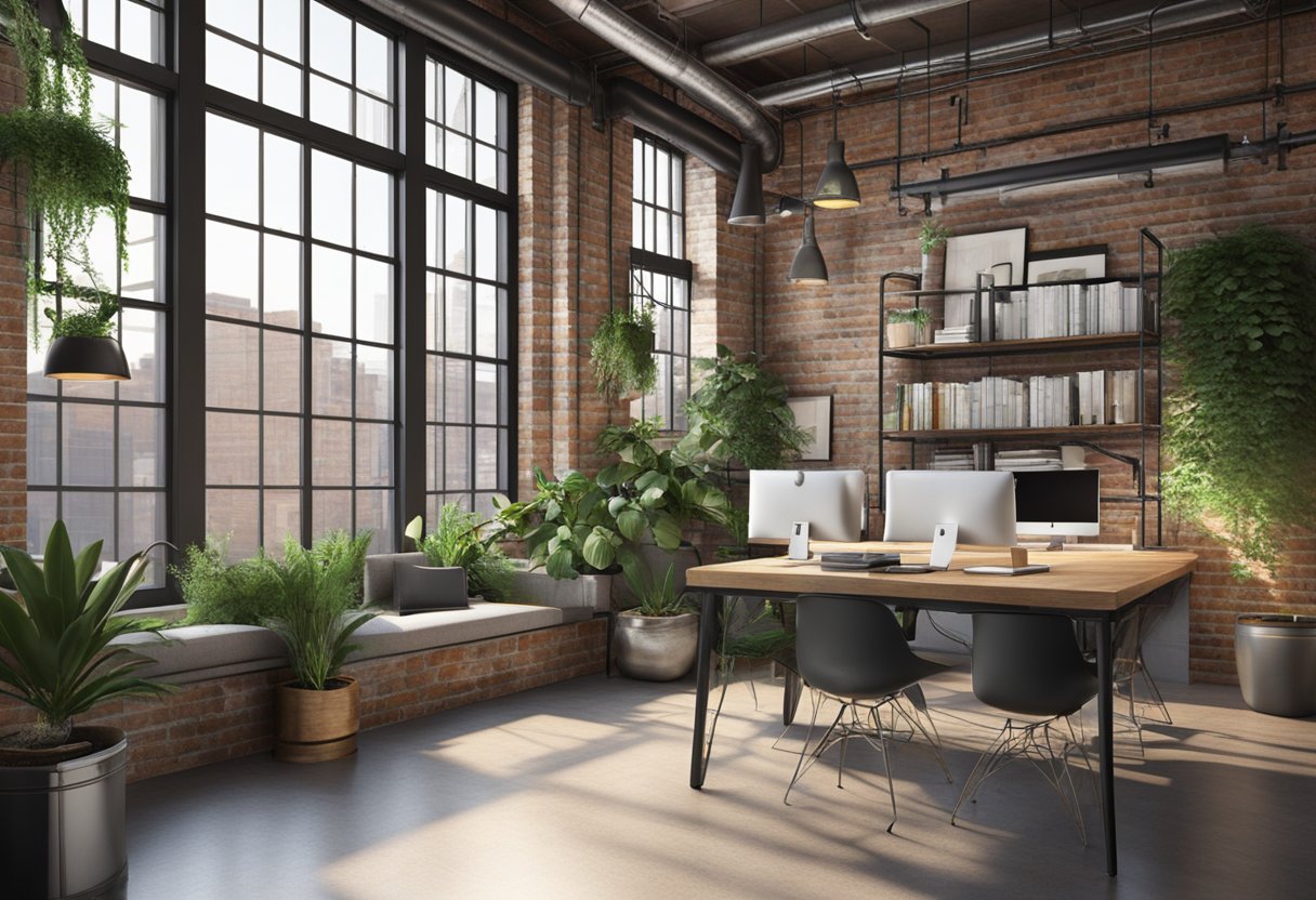 The office space features exposed brick walls, metal piping, and sleek furniture, creating an industrial chic design. Large windows allow natural light to fill the space, while potted plants add a touch of greenery