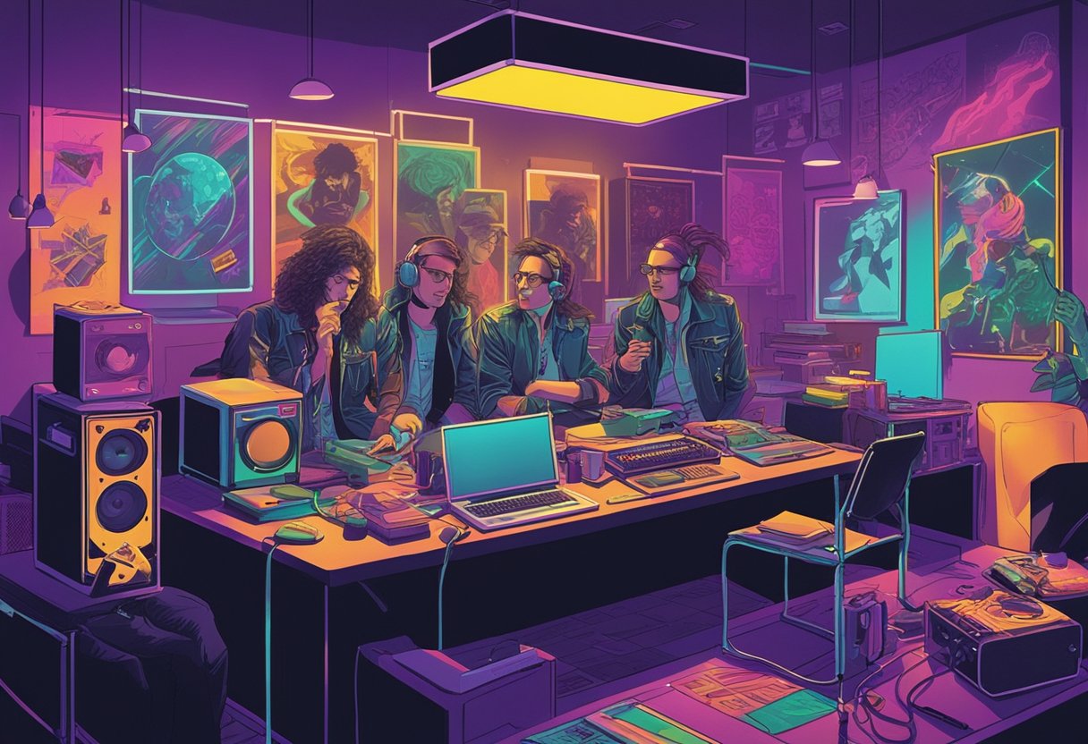 A colorful brainstorming session with 80s rock band posters, neon lights, and cassette tapes scattered on a desk