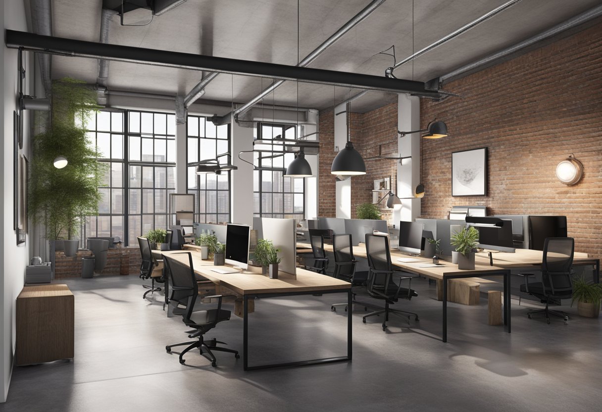 An open-concept office with exposed brick walls, metal piping, and modern industrial lighting. Concrete floors and minimalist furniture give a sleek, urban vibe