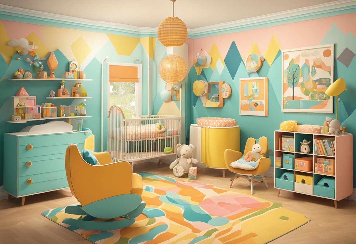 A colorful 60's-themed nursery with retro baby name posters and vintage toys