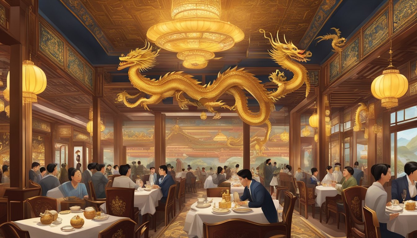 The Royal Dragon Restaurant bustles with diners, its opulent interior adorned with golden dragon motifs and intricate Chinese decor