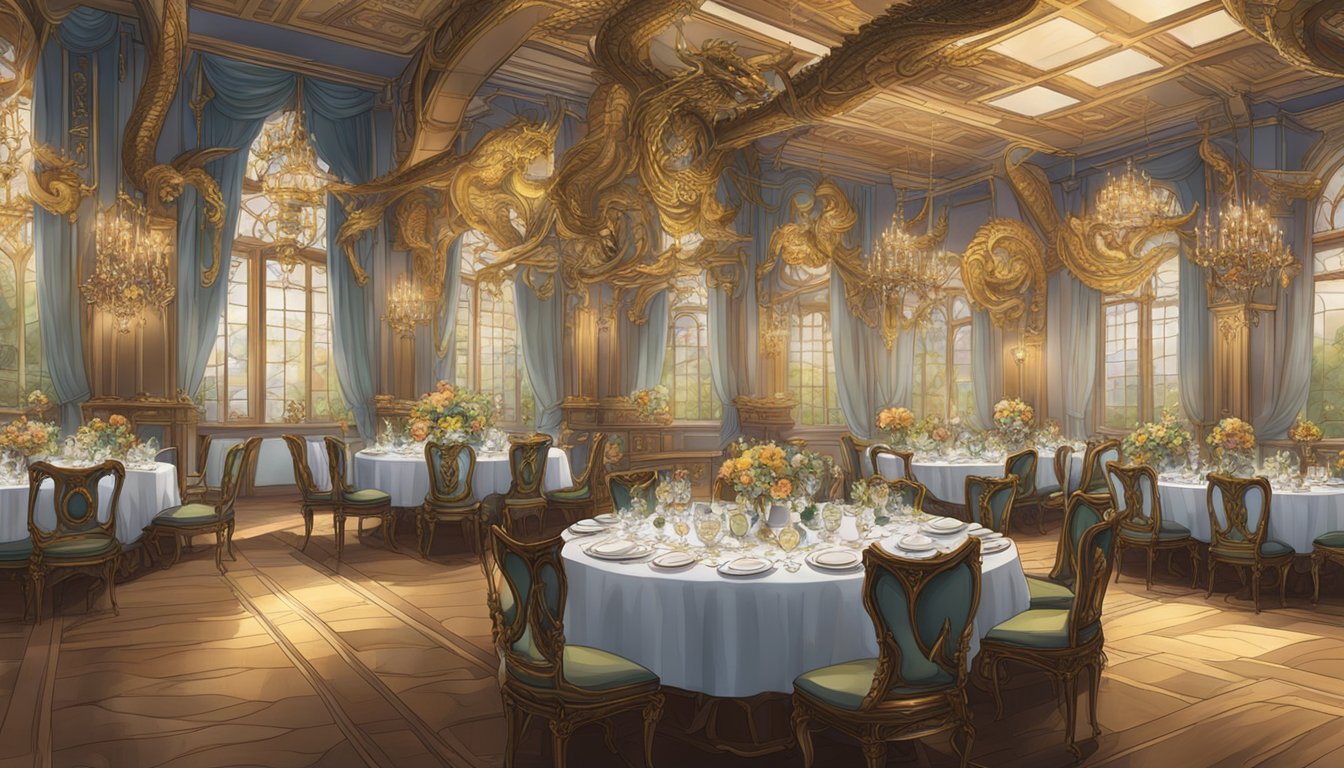 A grand, ornate dining hall with dragon-themed decor and lavish banquet tables set with exquisite dishes