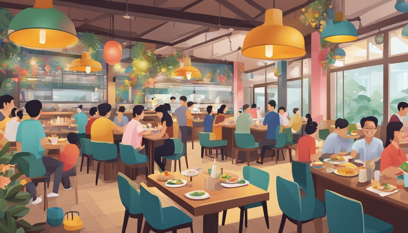 A bustling Sengkang restaurant with colorful decor and aromatic dishes being served. Customers chat and laugh, creating a lively atmosphere