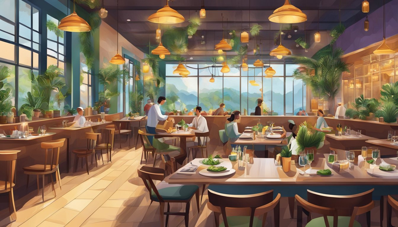 A bustling restaurant with vibrant decor and aromatic cuisine