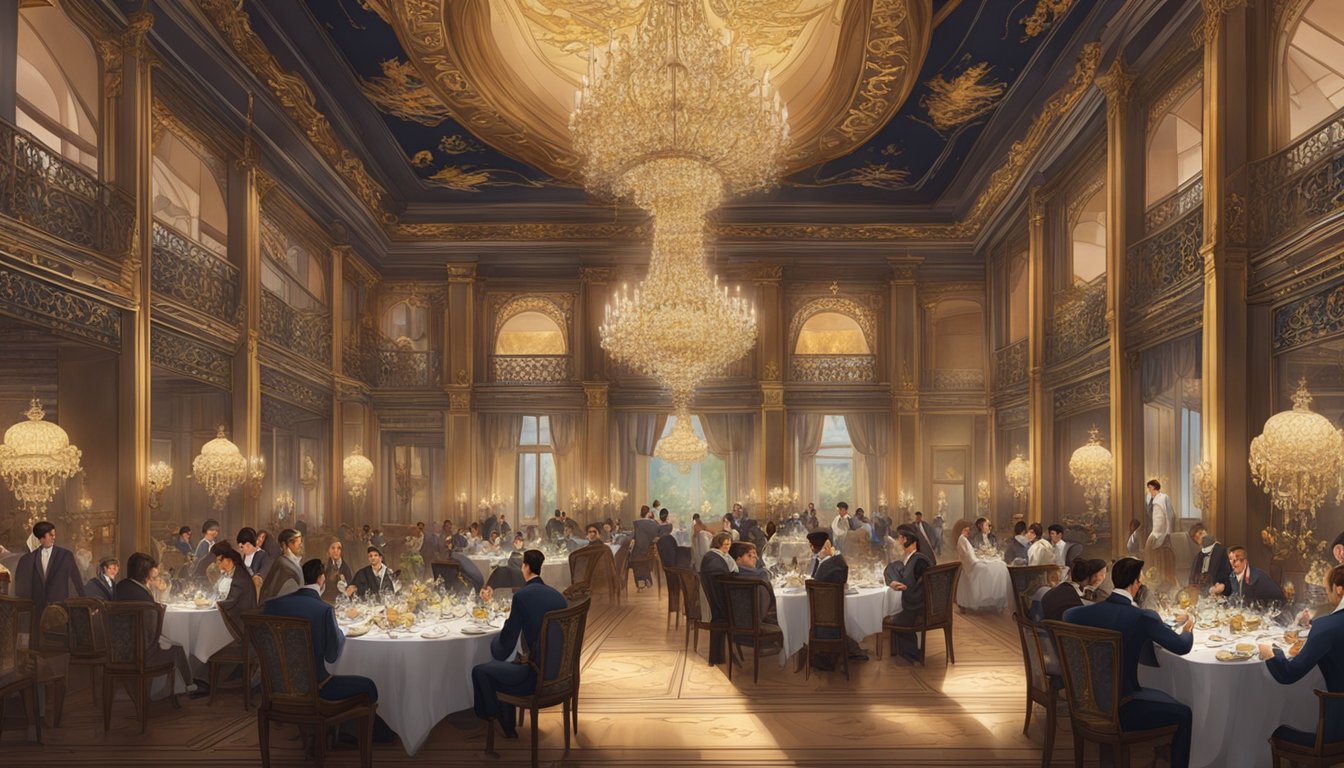 A grand dining hall with ornate dragon motifs, opulent chandeliers, and elegant table settings. The room is bustling with patrons enjoying a luxurious dining experience