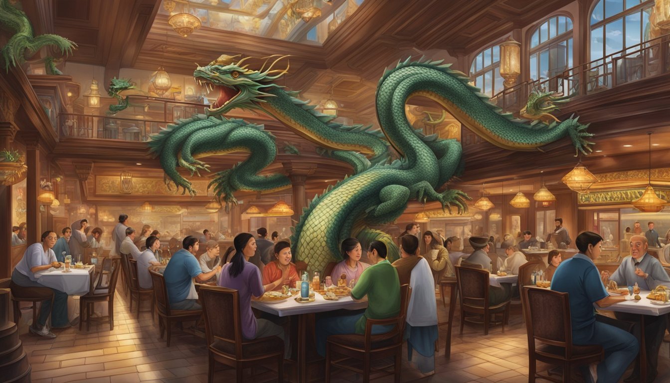 The bustling restaurant features ornate dragon decor, diners enjoying traditional cuisine, and staff tending to patrons' needs