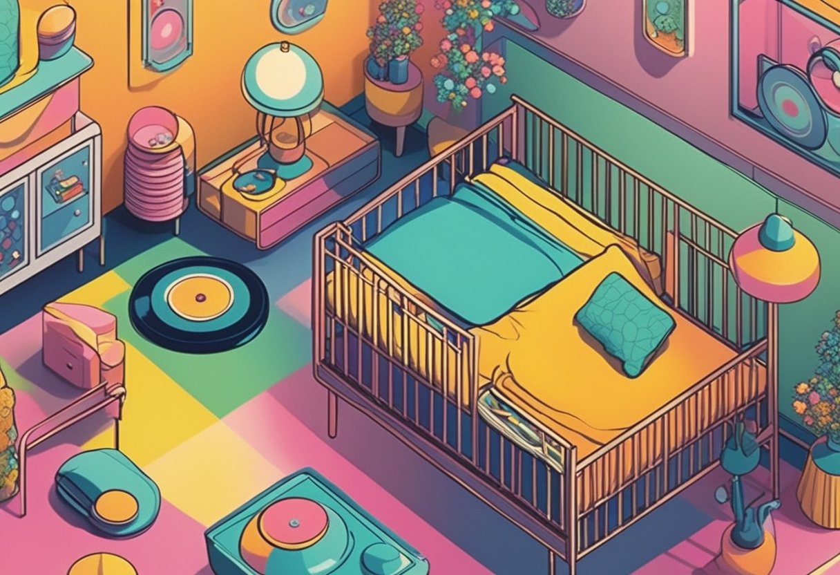 A colorful 60's inspired nursery with retro wallpaper, vinyl records, lava lamps, and a vintage crib