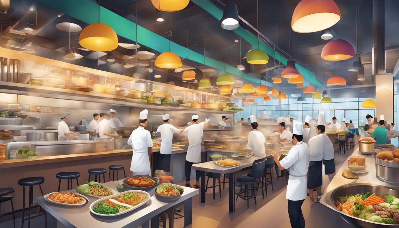A bustling restaurant at Tampines Hub, filled with colorful dishes and aromatic aromas, as chefs skillfully prepare culinary delights