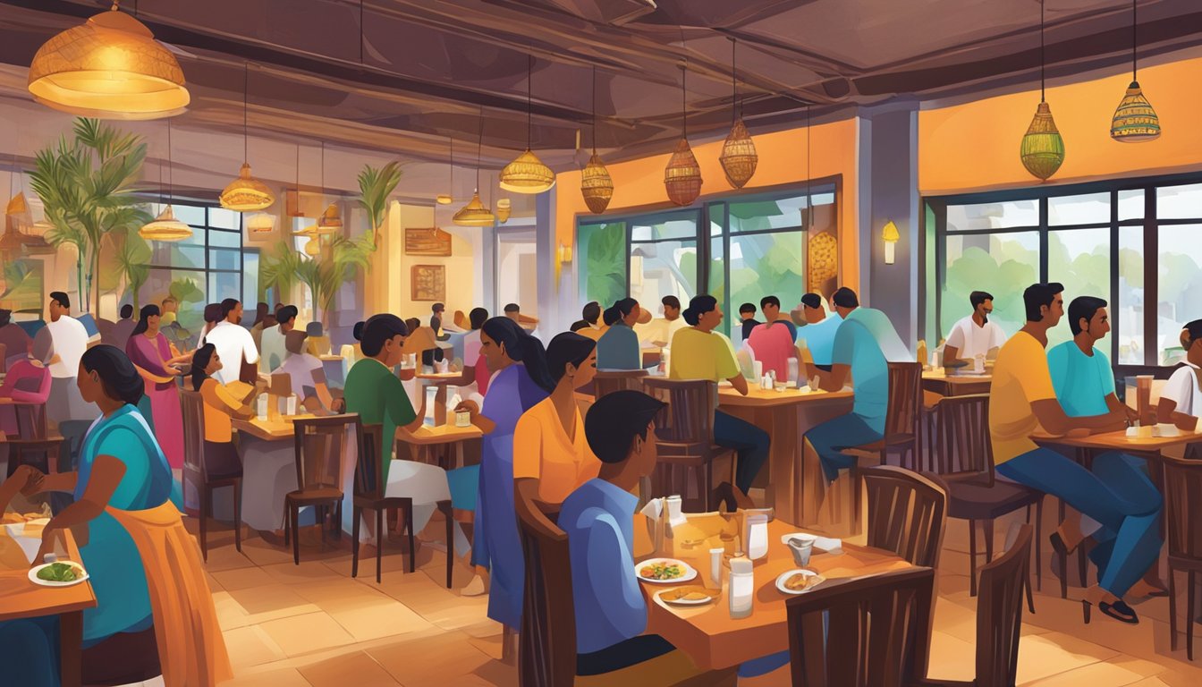 A bustling restaurant with vibrant decor, tables filled with patrons enjoying authentic South Indian cuisine. Aromatic spices fill the air as servers navigate the busy dining area