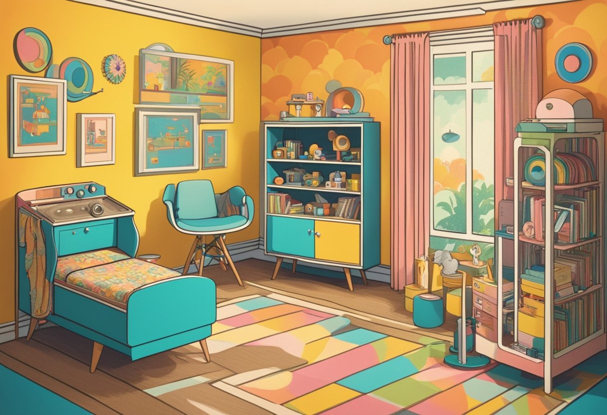 A colorful 60's themed nursery with retro wallpaper, vintage toys, and a record player