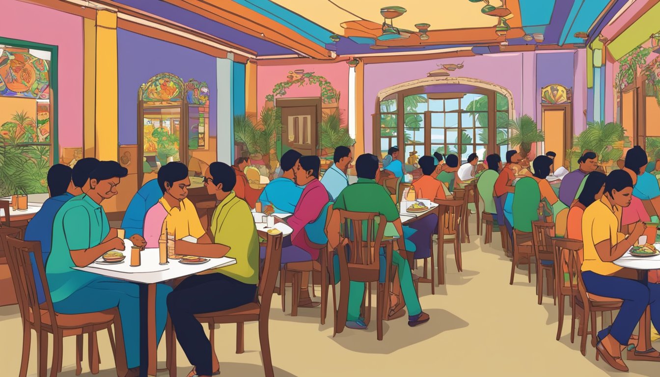 A bustling restaurant with a sign reading "Frequently Asked Questions Sri Lakshmi Narayana Restaurant" and colorful decor. Customers are enjoying their meals at the tables