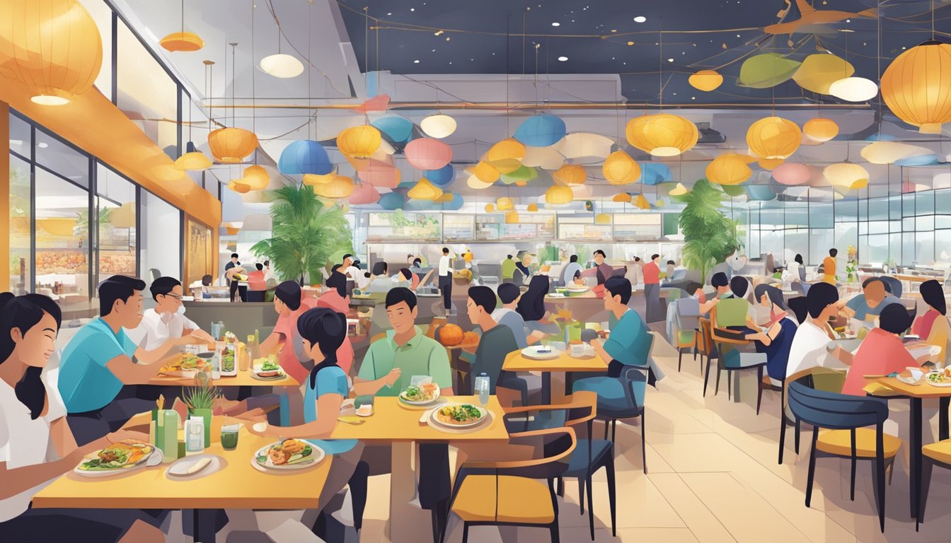 A bustling restaurant at Tampines Hub, with colorful decor and a variety of cuisines. Customers enjoy their meals while staff members attend to their needs