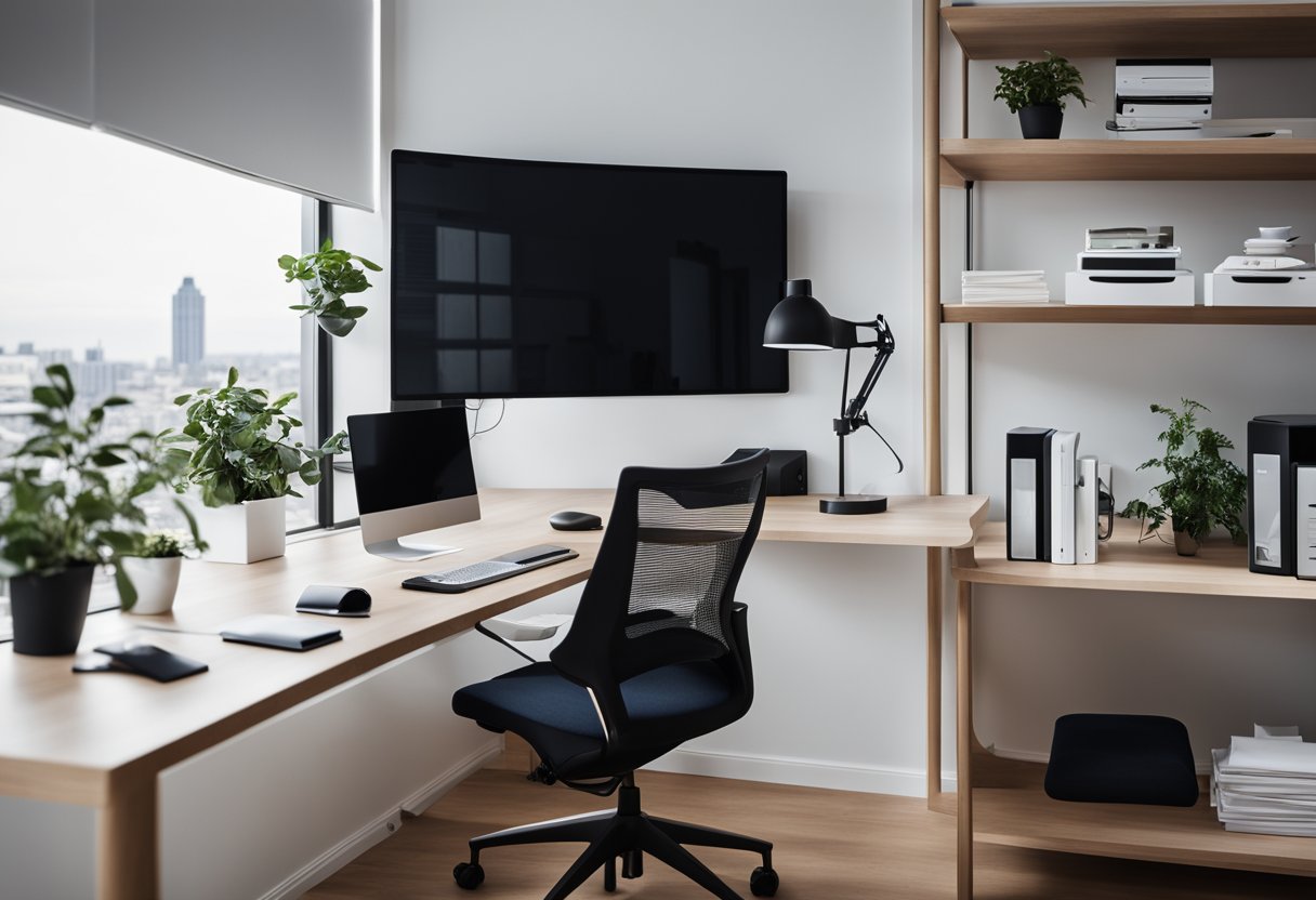 A sleek, modern desk with ergonomic chair and adjustable standing desk. Shelves with minimalist decor and a sleek, high-tech conference table