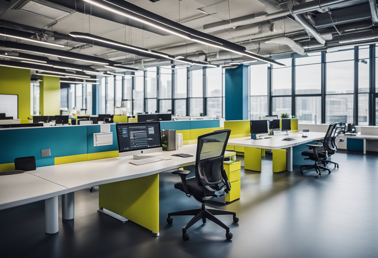 A modern office space with ergonomic chairs, adjustable standing desks, and collaborative workstations. Bright colors and sleek lines create a vibrant and productive atmosphere