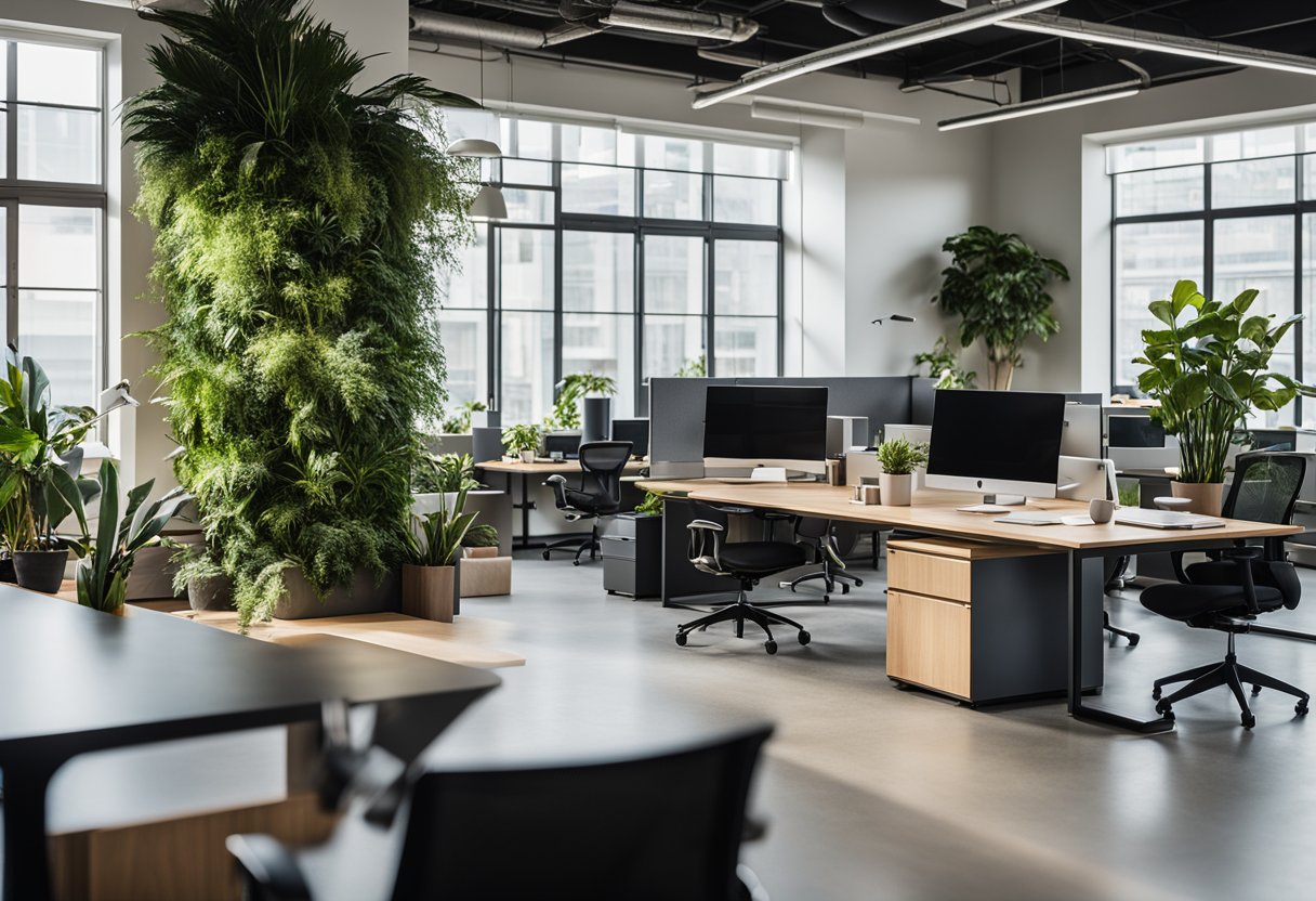 An open office space with modern furniture, including ergonomic chairs and standing desks. Natural light floods the room, and plants add a touch of greenery. The design promotes collaboration and flexibility