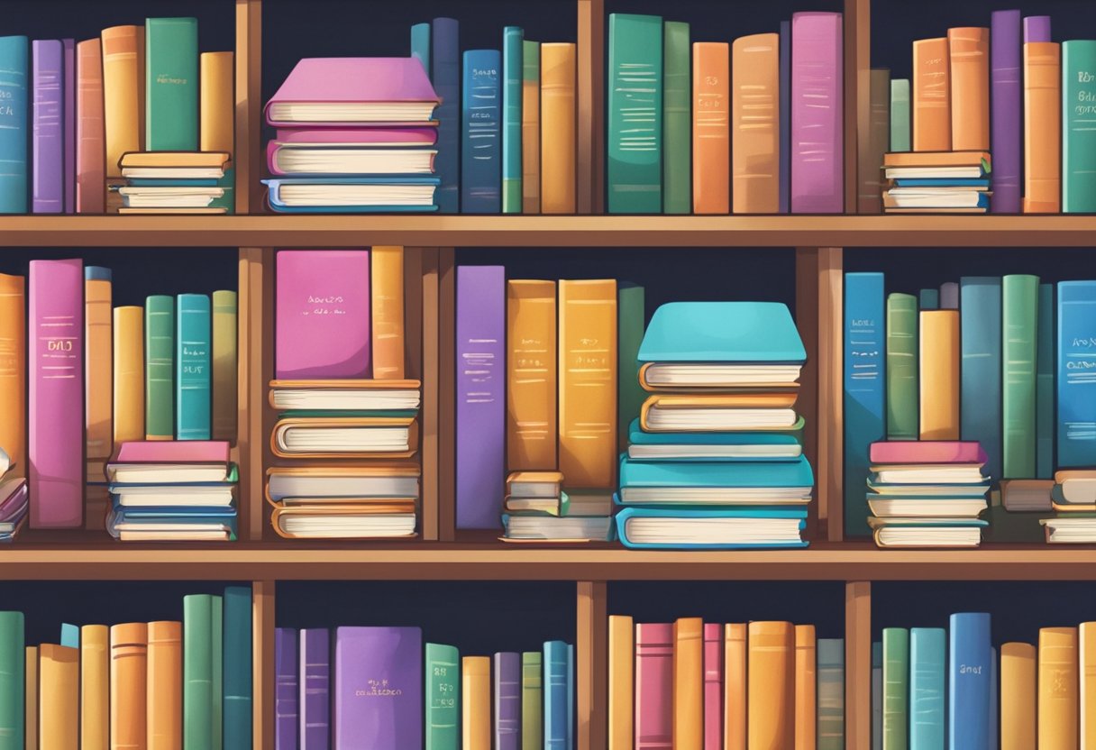 A stack of colorful baby name books sits on a desk in a cozy library, surrounded by shelves filled with more books on the subject