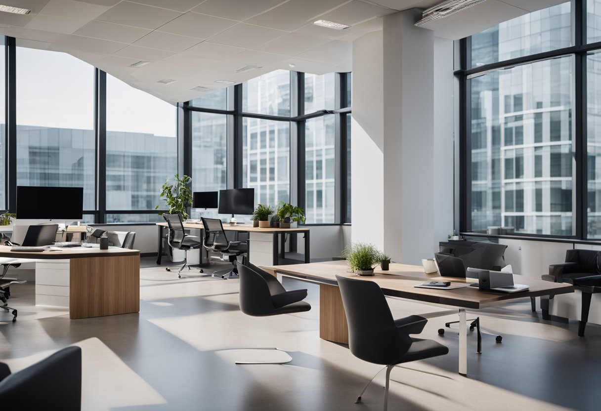 A sleek, modern office space with stylish furniture arranged in an open layout. The design features clean lines, ergonomic chairs, and adjustable desks