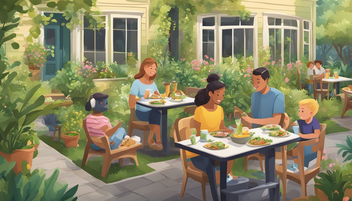 A cozy garden with a family of slugs enjoying a meal at a pet-friendly restaurant, surrounded by lush greenery and outdoor seating