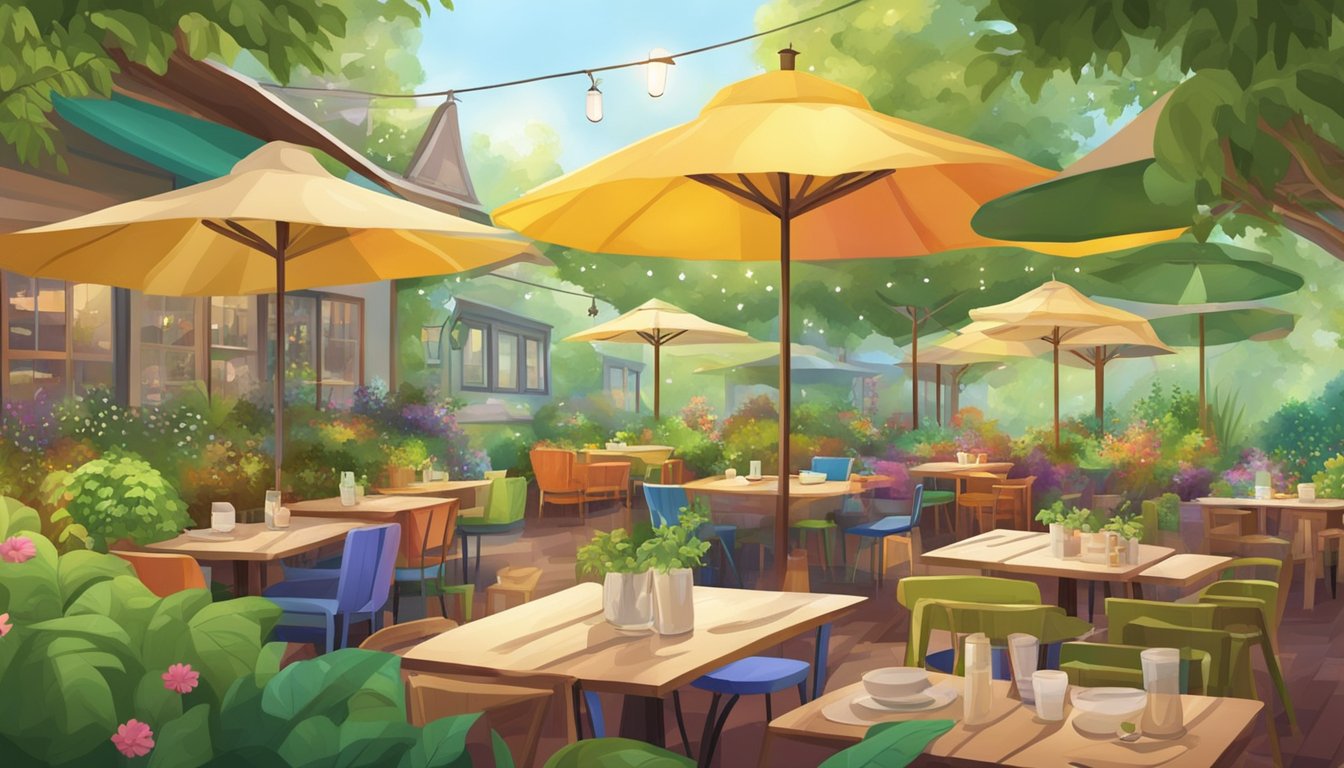 The Garden Slug: A cozy outdoor restaurant, pet-friendly with a family of garden slugs. Tables set with colorful umbrellas, surrounded by lush greenery