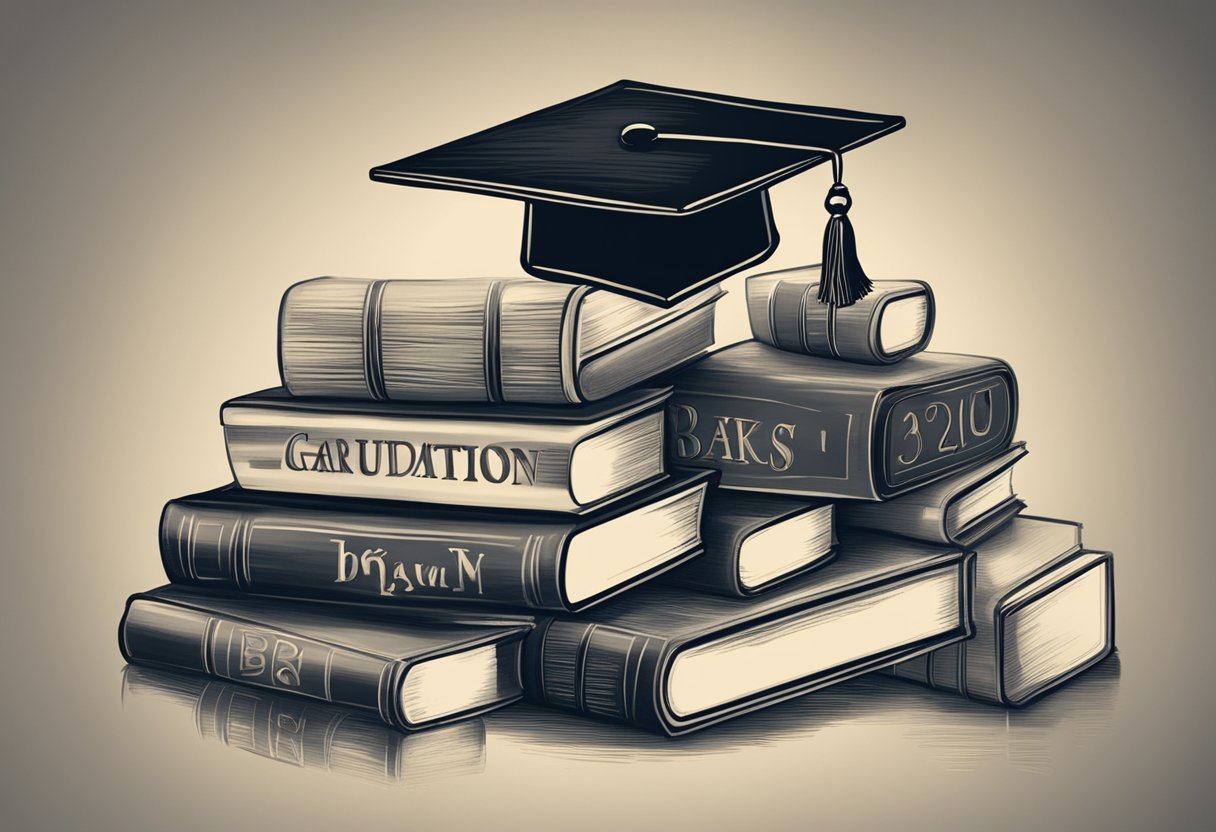 A stack of books with a graduation cap on top, surrounded by alphabet blocks and a chalkboard with various baby names written on it