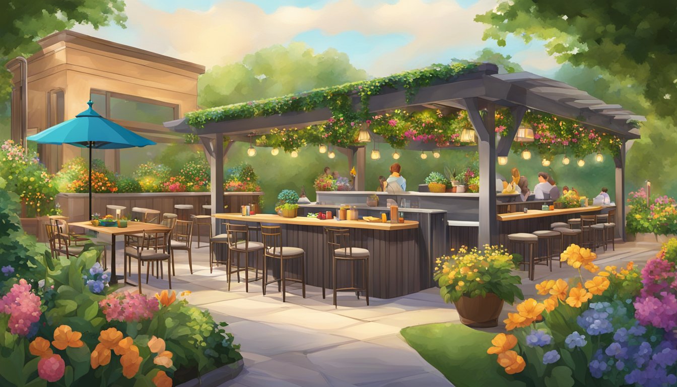 The garden slug family restaurant features a pet-friendly outdoor dining area with a pergola, surrounded by lush greenery and colorful flowers